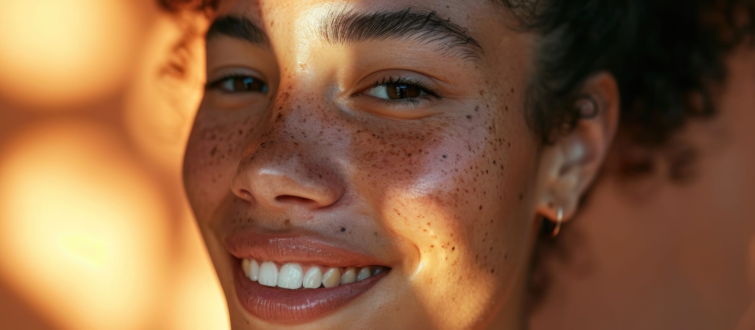 Joven sonriente con pecas, que simboliza la protección inmediata contra los rayos del sol.